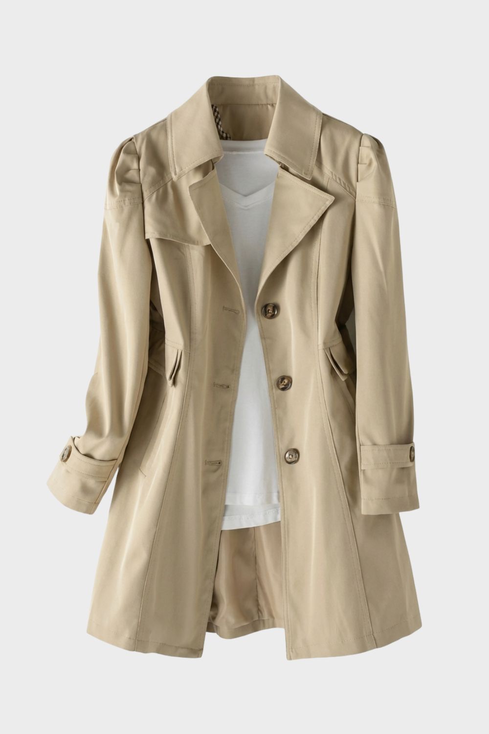 Women's Trench Coat with Notched Collar and Button Placket