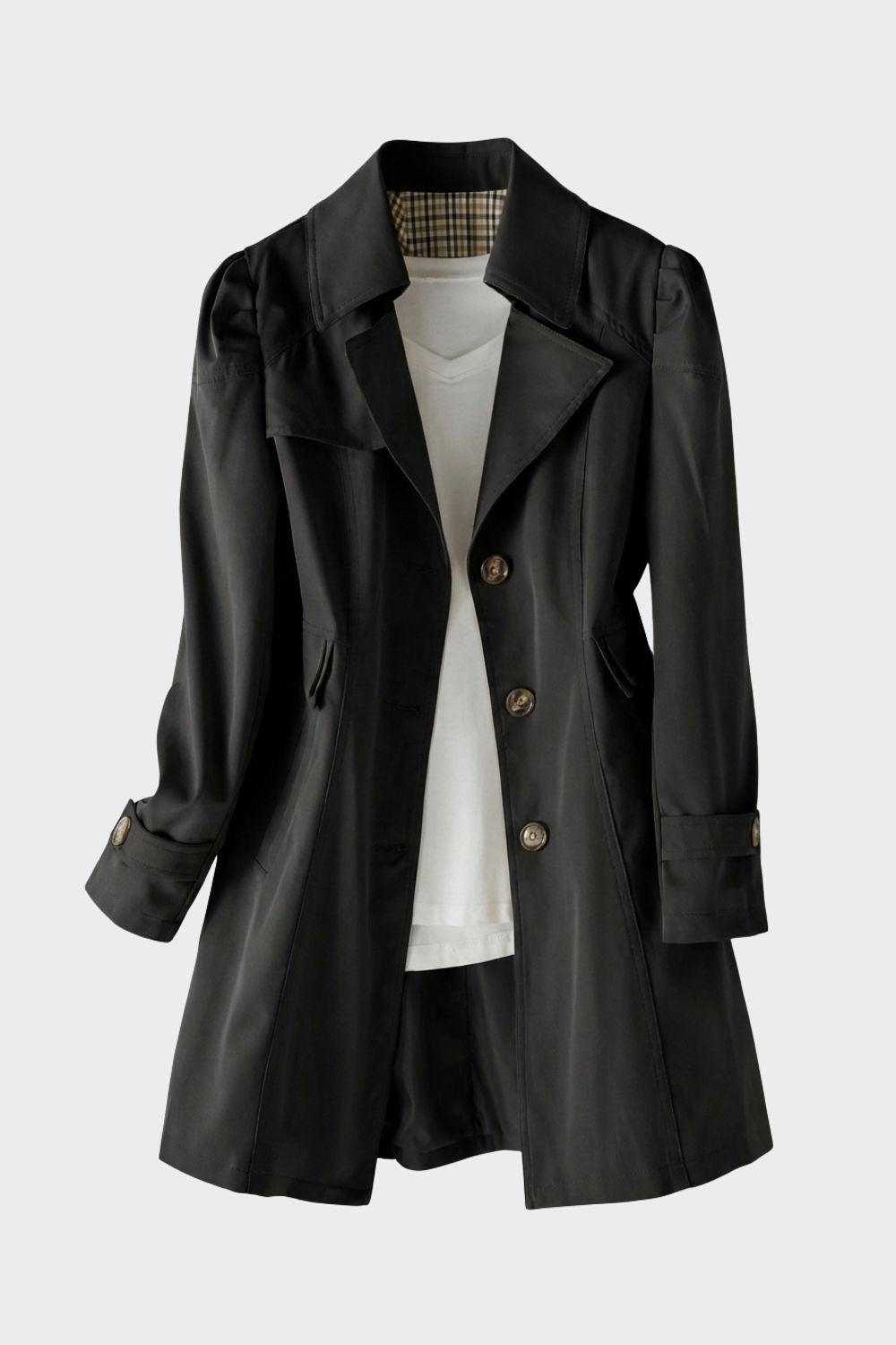 Women's Trench Coat with Notched Collar and Button Placket