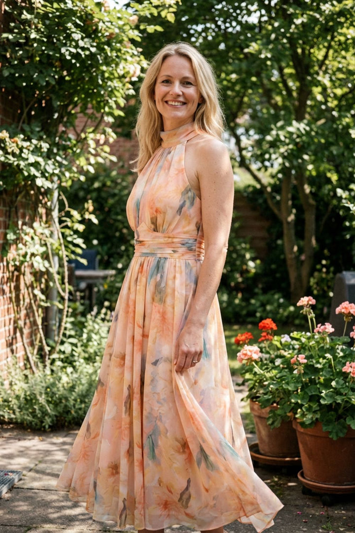 Maxi Dress for Women with Floral Pattern and Halter Neck