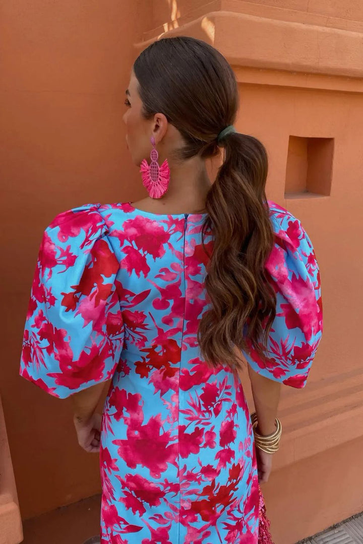 Women's Midi Dress with V-Neck and Floral Pattern