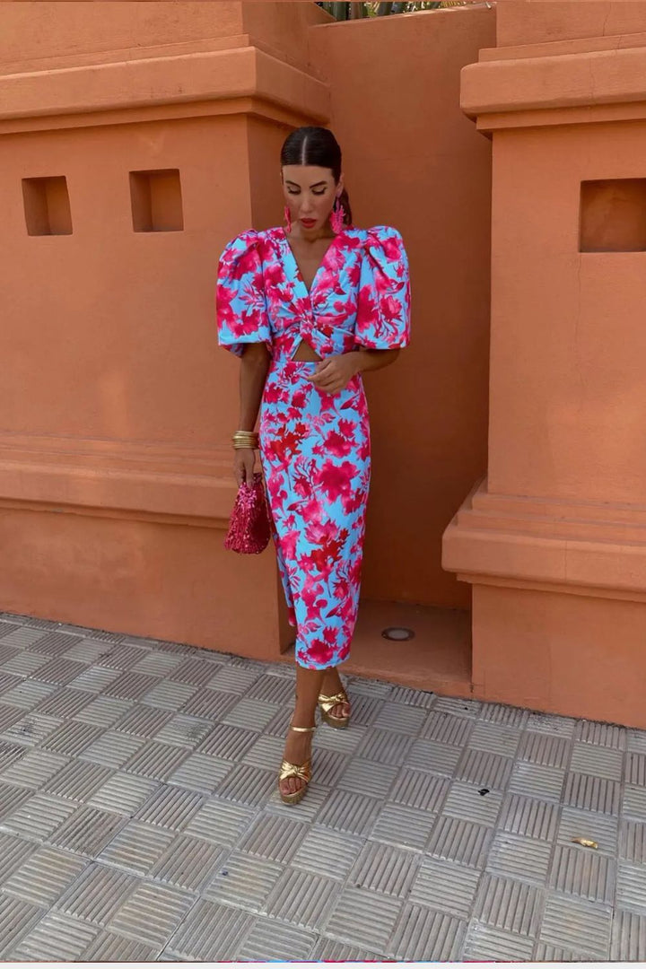 Women's Midi Dress with V-Neck and Floral Pattern