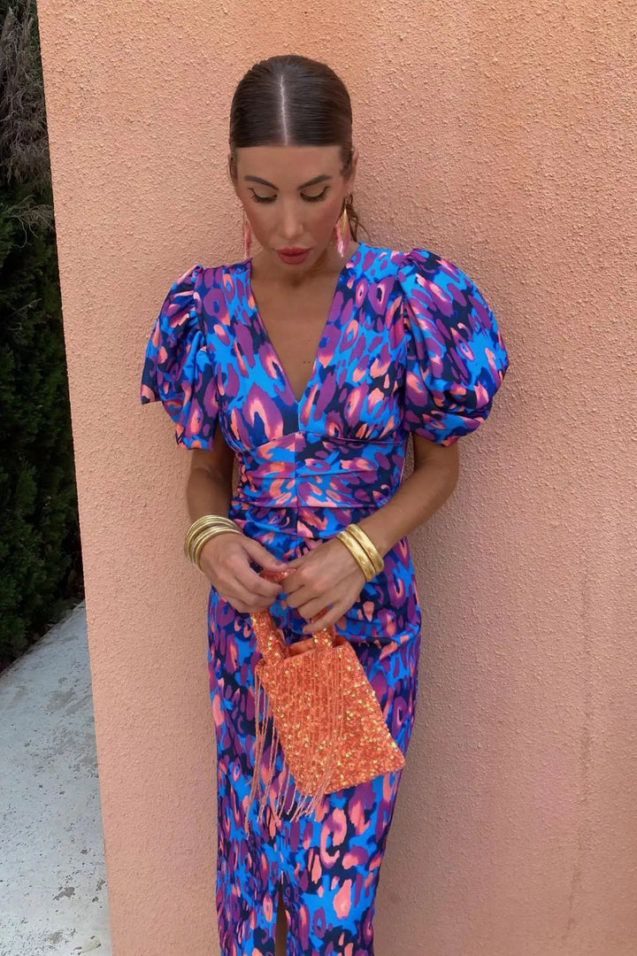 Women's Midi Dress with V-Neck and Floral Pattern