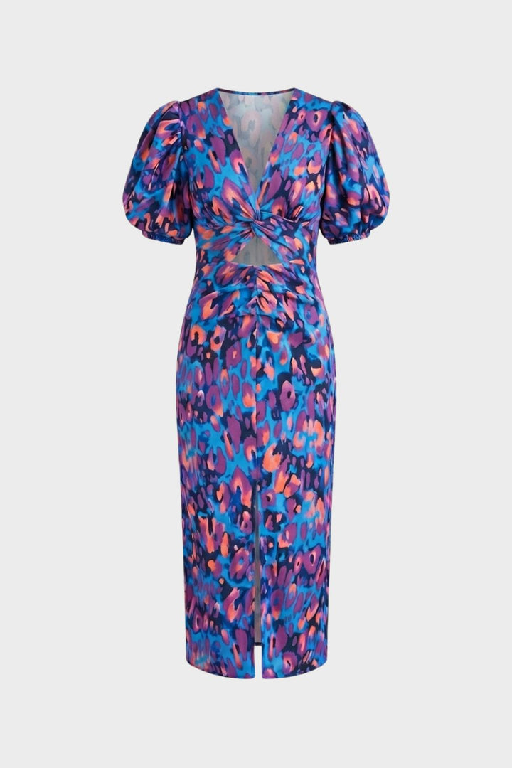 Women's Midi Dress with V-Neck and Floral Pattern