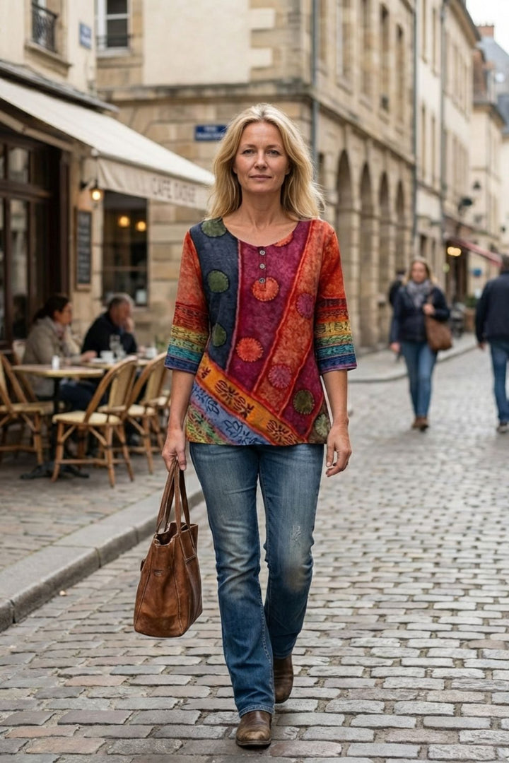 Women's Blouse 3/4 Sleeve with Round Neck Colorful Pattern