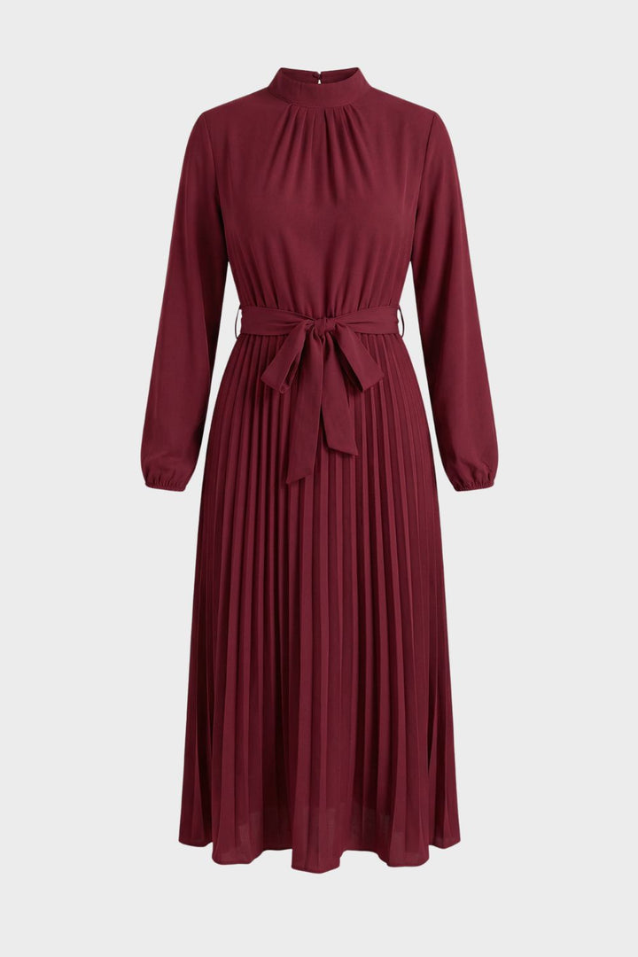 Midi Dress for Women Pleated with Long Sleeves and Belt, view 6 - Elena Harper