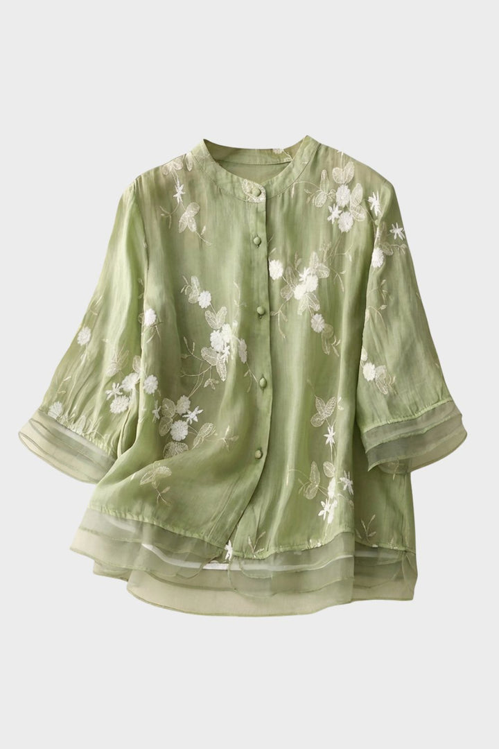 Ladies' Blouse with Stand Collar and Ruffled Sleeves