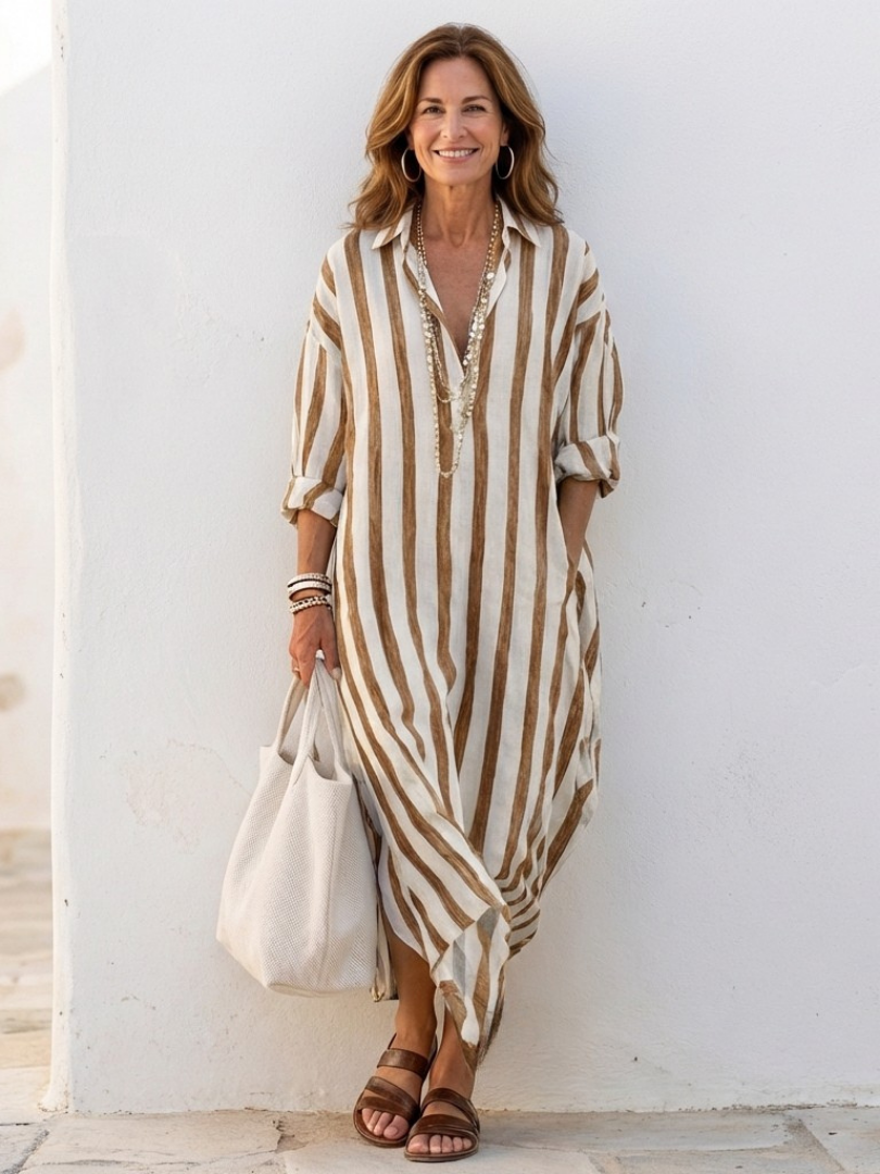 Naomi Long Sleeve Striped Midi Shirt Dress - Elena Harper