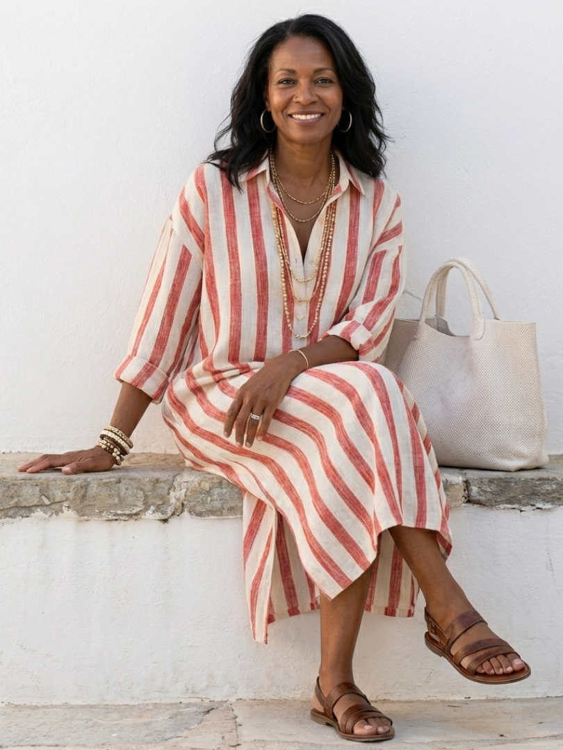 Naomi Long Sleeve Striped Midi Shirt Dress - Elena Harper