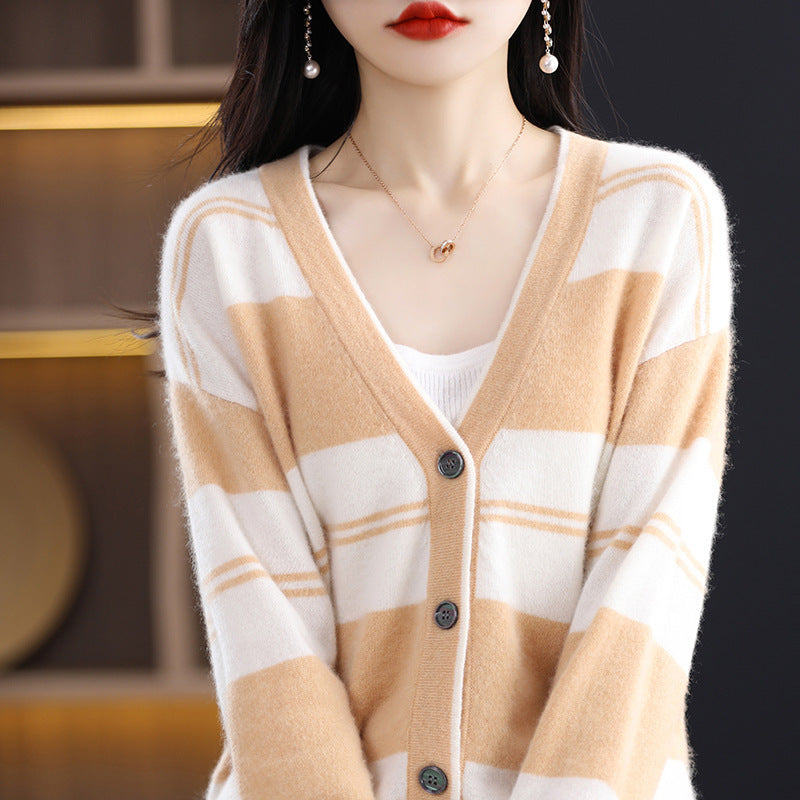 Women's Mid-Length Cardigan with Block Stripes, V-Neck, and Long Sleeves