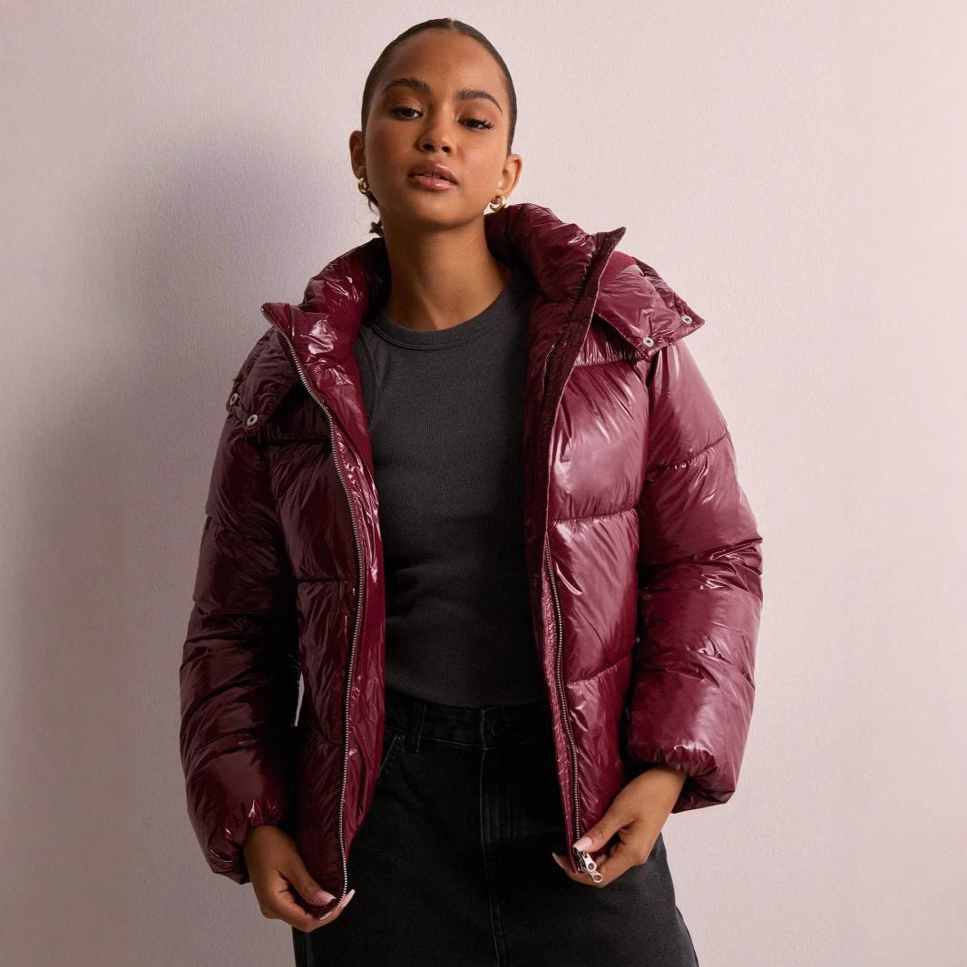 Ladies Shiny Padded Jacket with Removable Hood – Lightweight