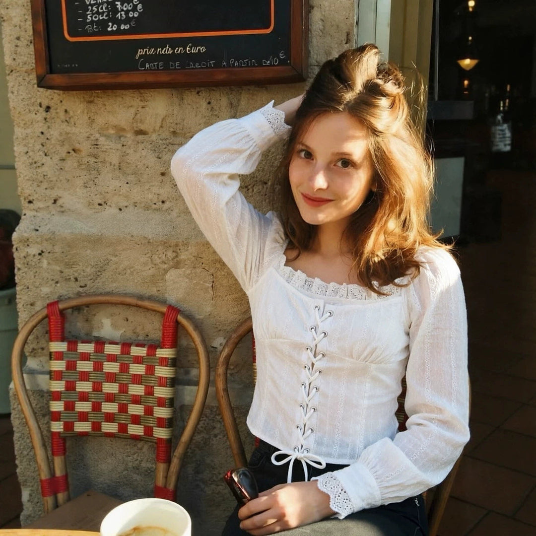 Women's Corset Top in Broderie Look with Lacing and Puff Sleeves Echoarchive, view 4 - Elena Harper