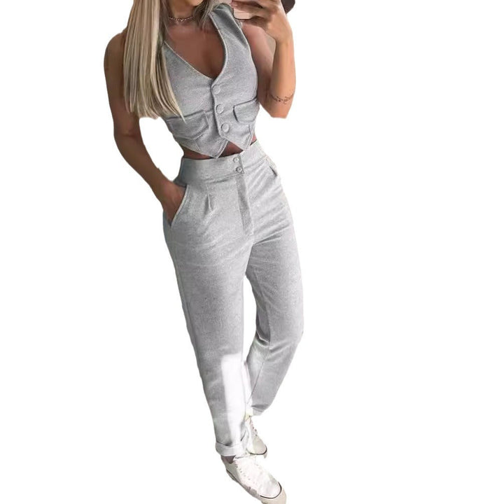 Women's Comfortable Lounge Set with Button Details and Wide Leg EB