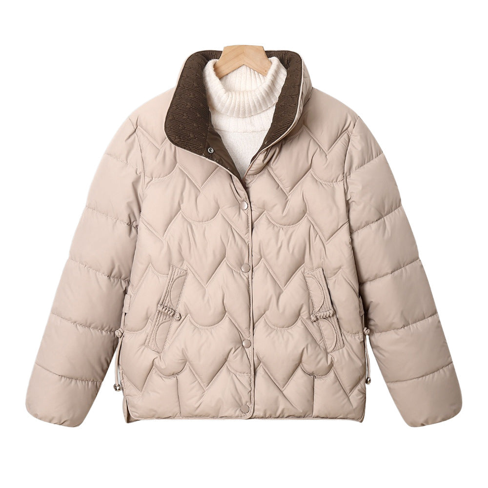 Women's Short Quilted Jacket with Decorative Stitching and Snap Placket