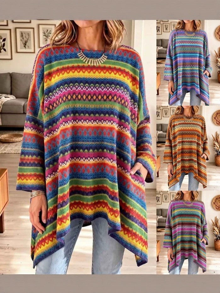 Women's Poncho Sweater with Asymmetrical Hem and Pockets
