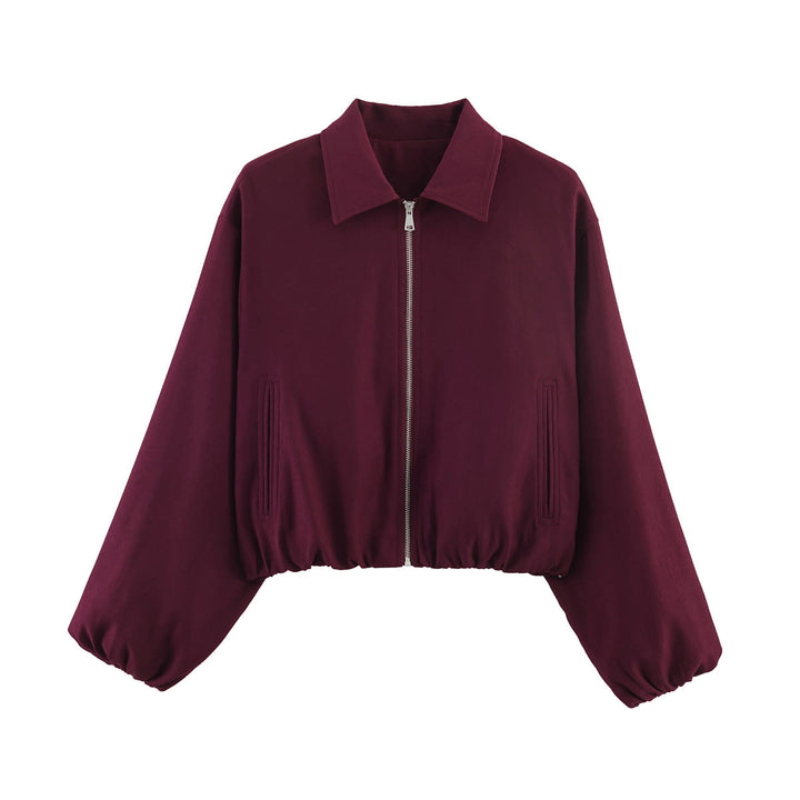 Women's Cropped Bomber Jacket with Balloon Sleeves, Elastic Hem, and Lapel Collar Echoarchive, view 9 - Elena Harper
