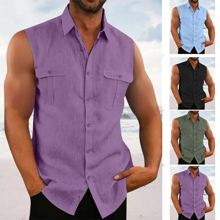 Men's Sleeveless Button-Down Shirt with Pockets - Lightweight & Stylish