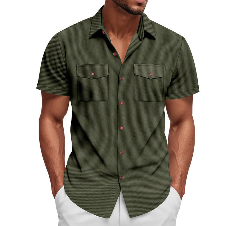 Men's Stylish Striped Short Sleeve Shirt with Dual Chest Pockets