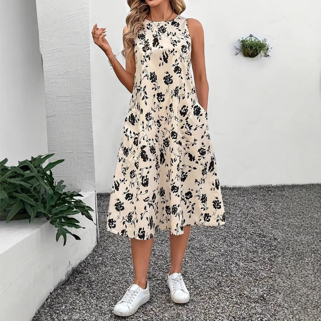 Women’s Sleeveless Maxi Dress with Floral Pattern and Practical Pockets EB