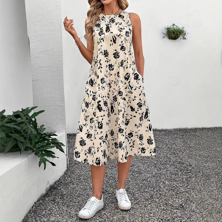 Women’s Sleeveless Maxi Dress with Floral Pattern and Practical Pockets EB