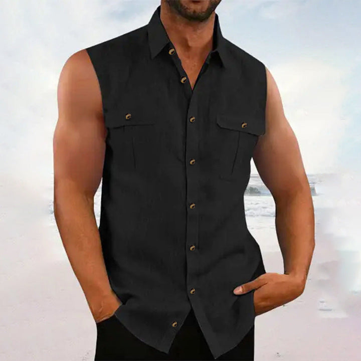 Men's Sleeveless Button-Down Shirt with Pockets - Lightweight & Stylish