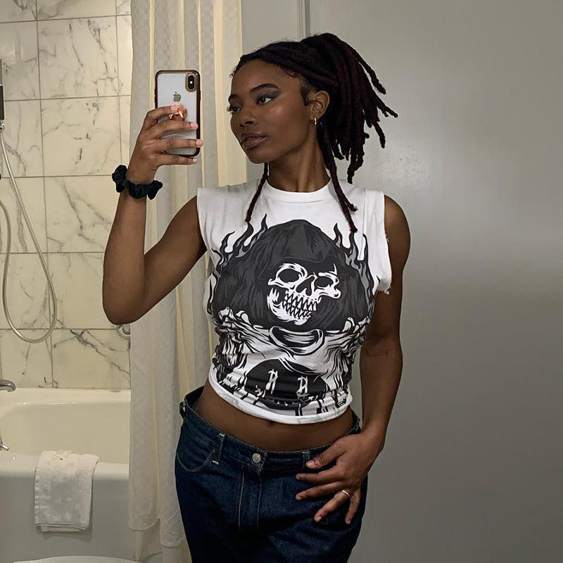 Women's Sleeveless Graphic T-Shirt with Creative Animal Illustration EB