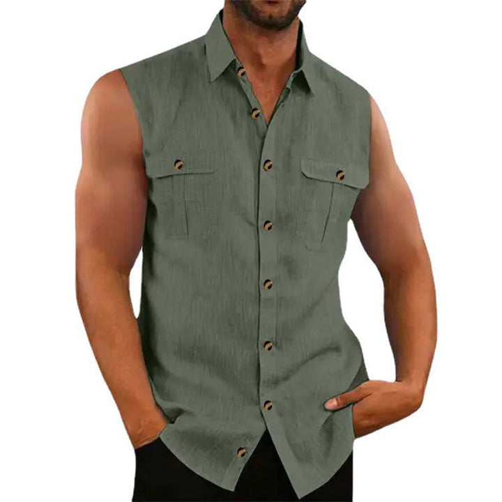 Men's Sleeveless Button-Down Shirt with Pockets - Lightweight & Stylish