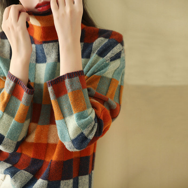 Colorful Checkered Knit Pullover