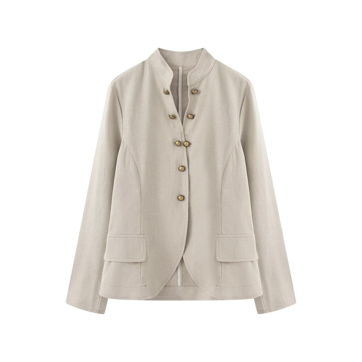 Ladies Elegant Short Jacket with Stand-Up Collar, Decorative Buttons, and Flap Pockets Echo Archive, view 7 - Elena Harper