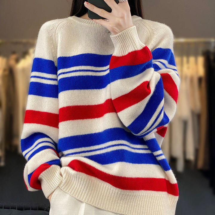 Women's Oversized Sweater with Stripes and Round Neckline