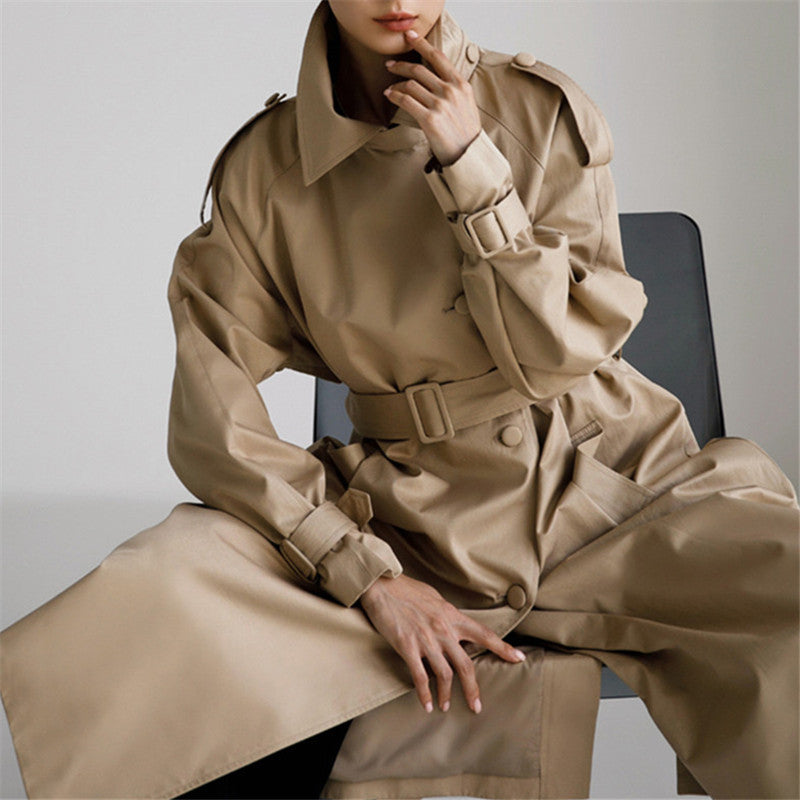 Women's Oversized Trench Coat with Storm Flap and Removable Tie Belt, view 3 - Elena Harper