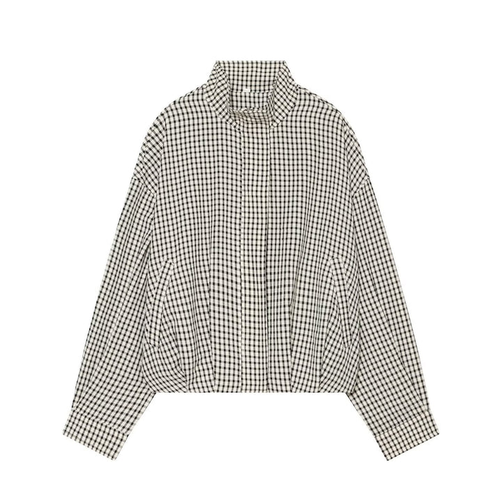 Women's Cropped Boxy Jacket in Vichy Check with Funnel Collar and Hidden Button Placket Echoarchive - Elena Harper