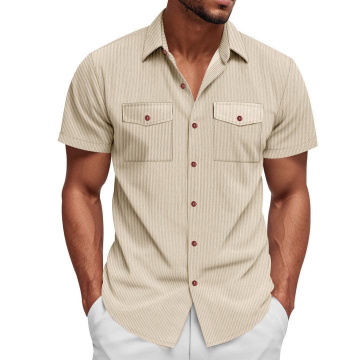 Men's Stylish Striped Short Sleeve Shirt with Dual Chest Pockets