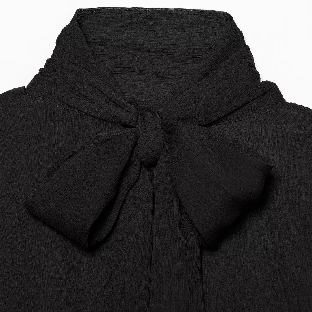 Women's Chiffon Blouse with Bow, Stand-Up Collar, and Gathered Balloon Sleeves Echoarchive