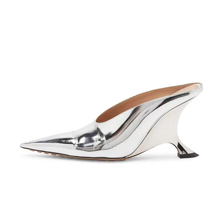 Women's Pointed Metallic Wedge Mules with Sculpted Heel