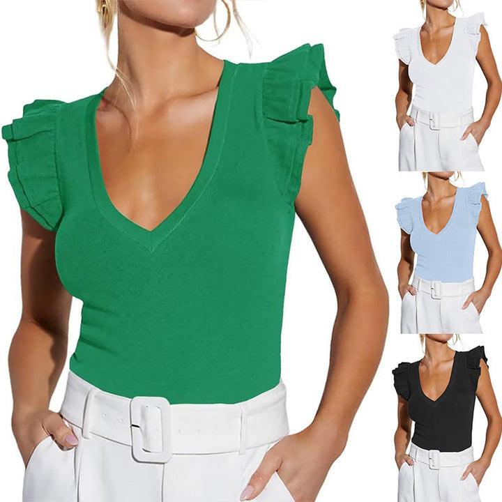 Women's Sleeveless Top with Ruffles and V-Neck EB - Elena Harper