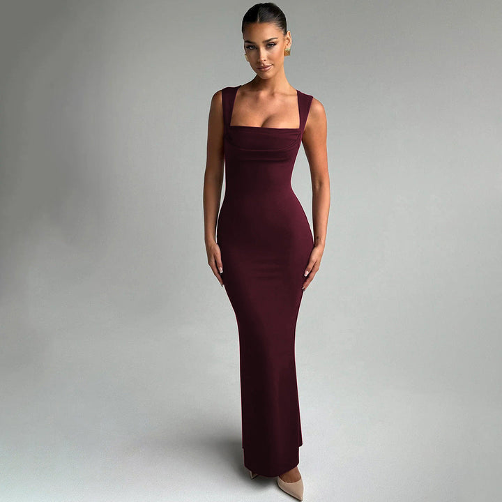 Women's Elegant Square Neck Evening Dress with Draping Detail