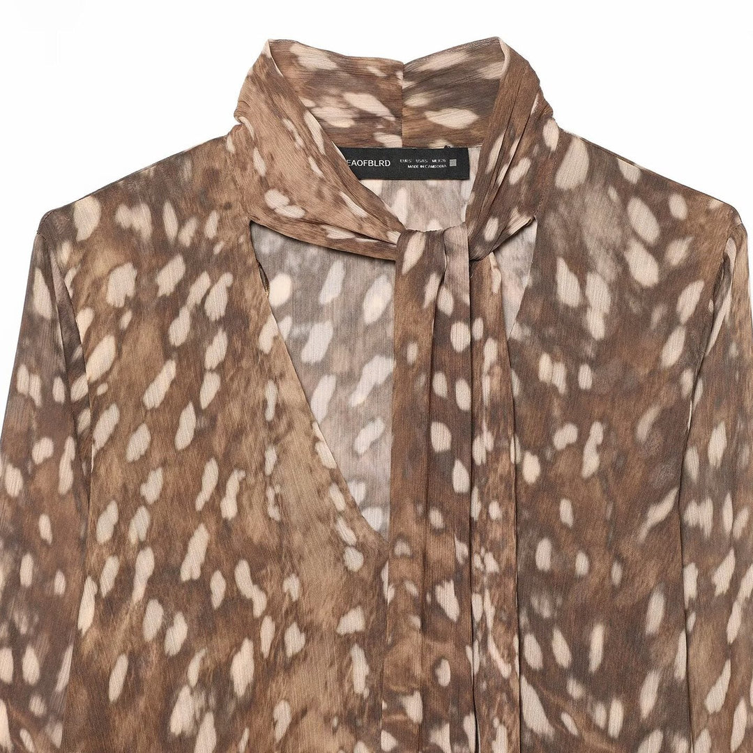 Women's Chiffon Blouse with Bow, V-Neck, and Layered Ruffle Hem Echoarchive, view 2 - Elena Harper