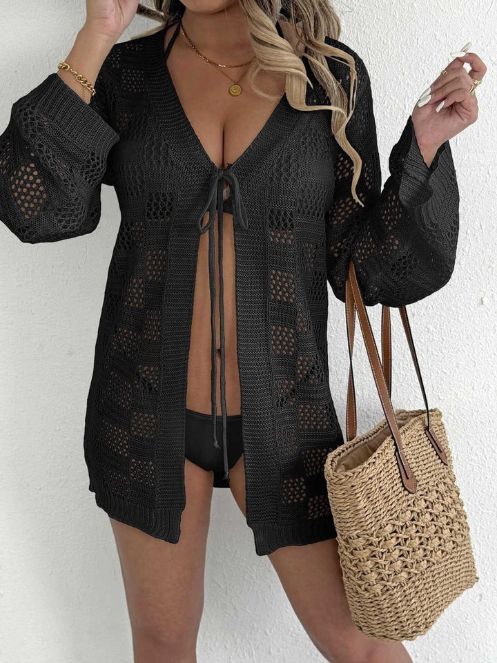 Women's Bath Tunic with Open Crochet Pattern and Tie Belt EB