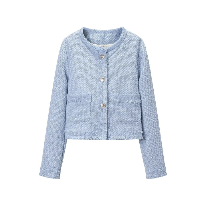 Women's Cropped Boucle Jacket with Round Neckline, Fringe Trim, and Patch Pockets Echoarchive - Elena Harper