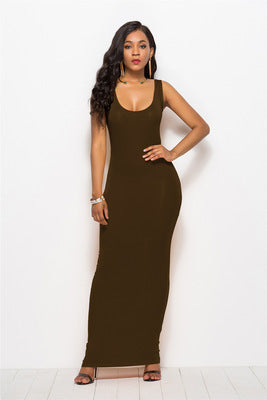 Women's Elegant Deep Round Neck Maxi Dress - Flattering Fit for Any Occasion