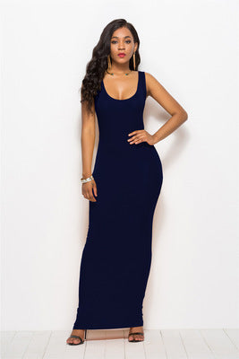 Women's Elegant Deep Round Neck Maxi Dress - Flattering Fit for Any Occasion