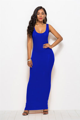Women's Elegant Deep Round Neck Maxi Dress - Flattering Fit for Any Occasion