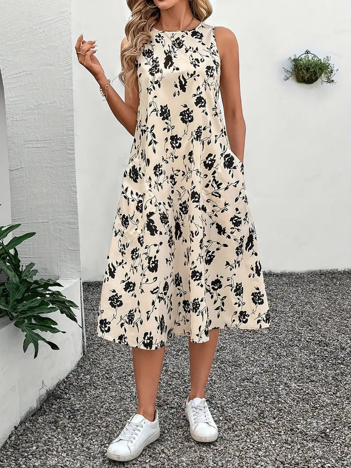 Women’s Sleeveless Maxi Dress with Floral Pattern and Practical Pockets EB