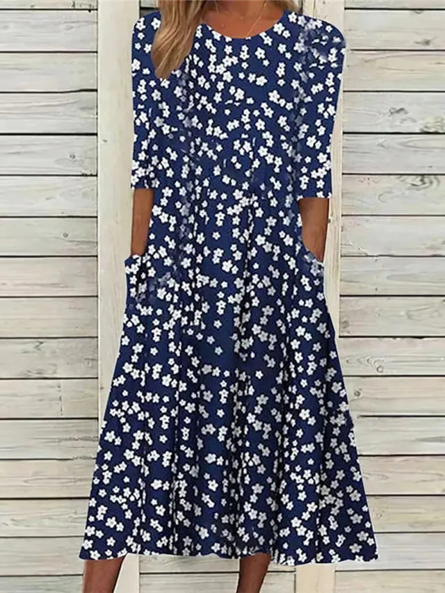 Women's Elegant Floral Midi Dress with Pockets