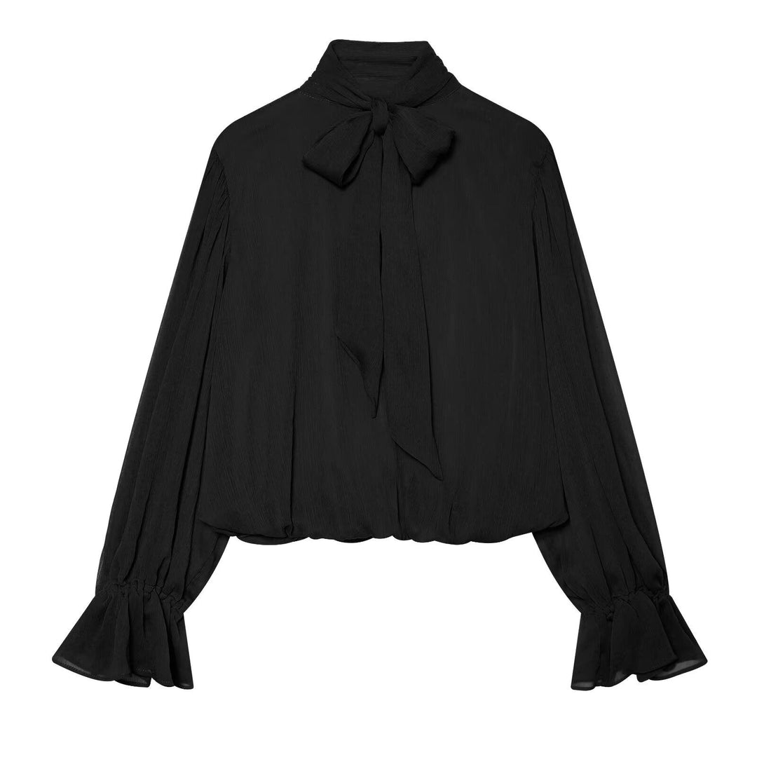 Women's Chiffon Blouse with Bow, Stand-Up Collar, and Gathered Balloon Sleeves Echoarchive