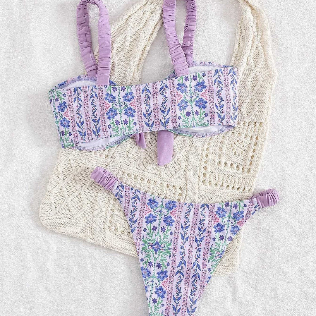 Women's Bandeau Bikini with Floral Design and Playful Ruffles EB