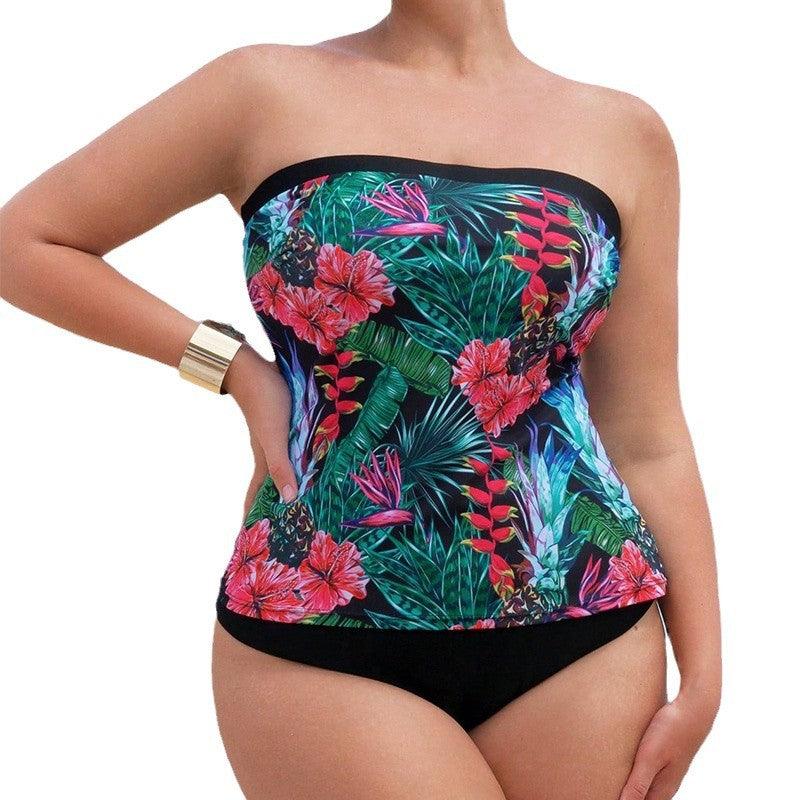 Women's Bandeau Tankini with Floral Design and High Cut EB