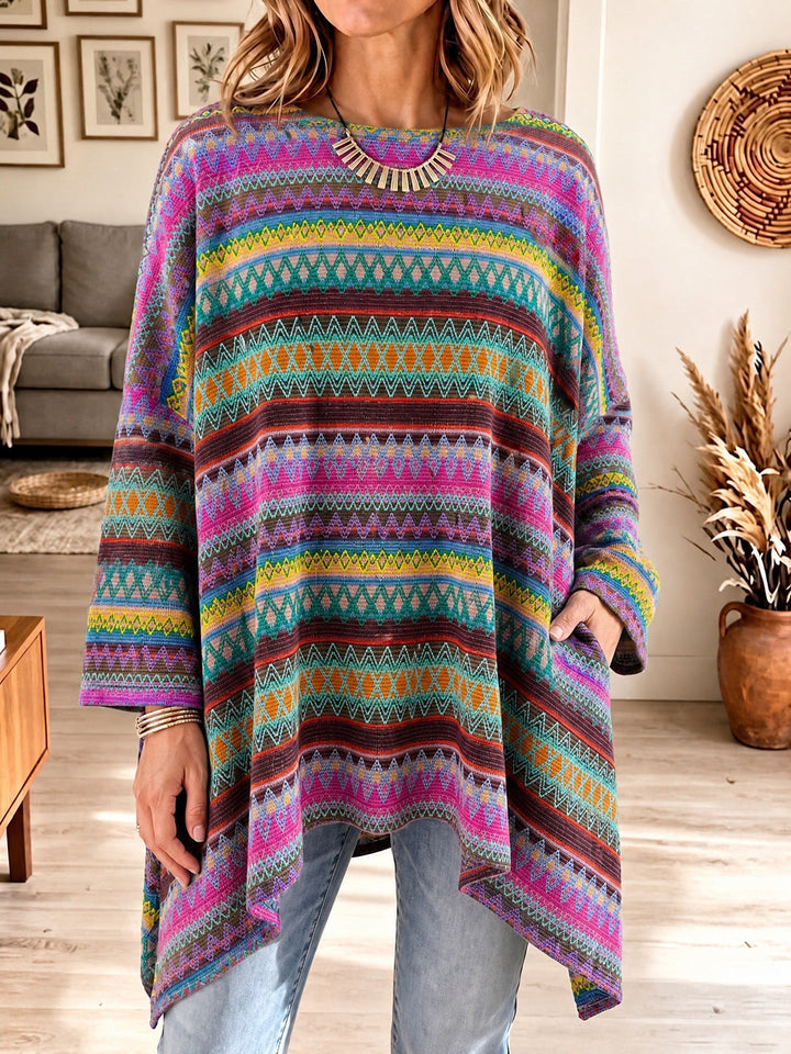 Women's Poncho Sweater with Asymmetrical Hem and Pockets
