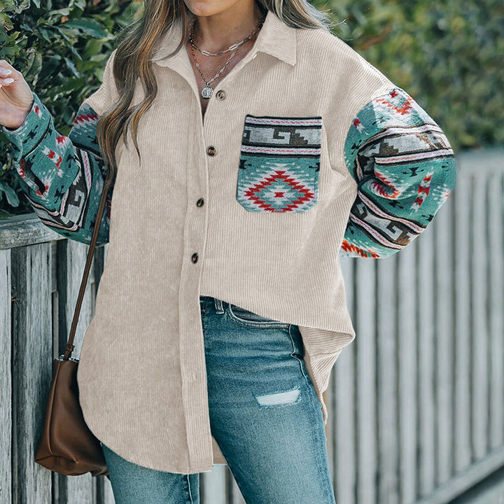 Women’s Cord Shirt Jacket with Patterned Knit Sleeves and Patch Pocket Célinea - Elena Harper