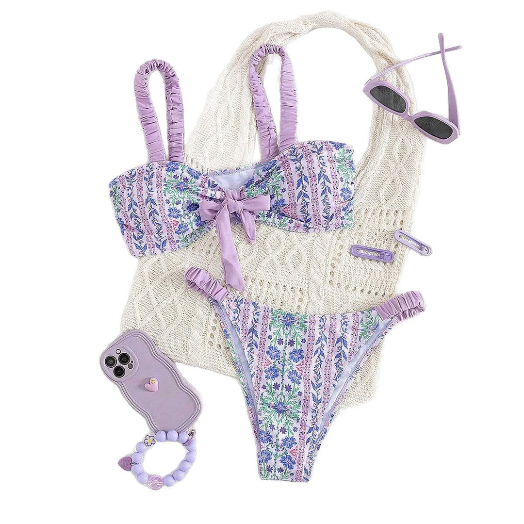 Women's Bandeau Bikini with Floral Design and Playful Ruffles EB